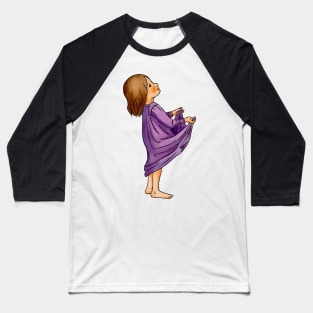 Cute little blond toddler girl in purple jammies is ready to catch something in her held out pyjamas. Baseball T-Shirt